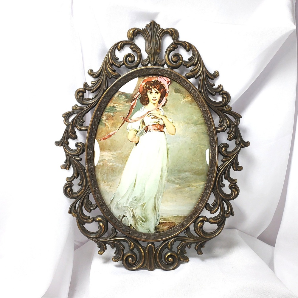 VTG Italian Brass Ornate Filigree Frame Convex Bubble Glass Pinkie Portrait